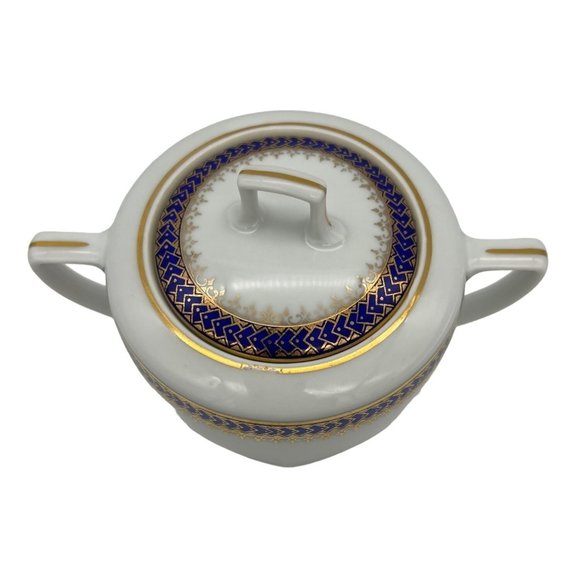 Vintage Sugar Bowl w/ Lid & Creamer Czechoslovakia 175G Blue and Gold Pattern - Picture 8 of 12